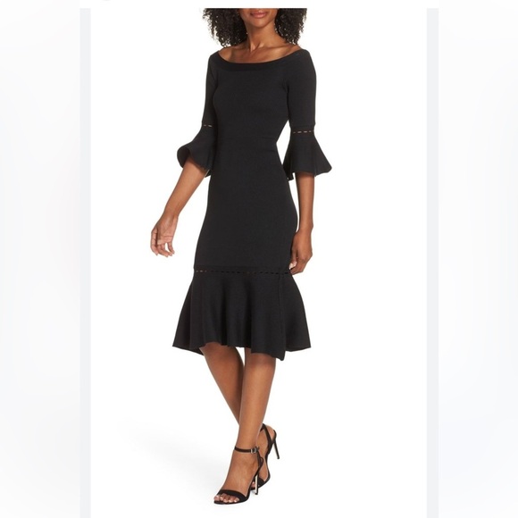 Adelyn Rae Zara black off shoulder bell sleeve sweater midi dress size L - Picture 1 of 14